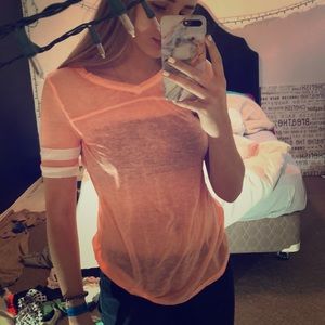 peach and white baseball tee